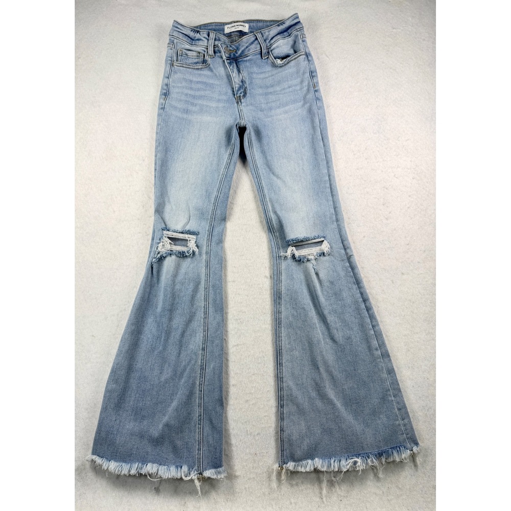 Flying Monkey Youth High Rise Flare Jeans Light Wash Distressed Raw Hem Size 14